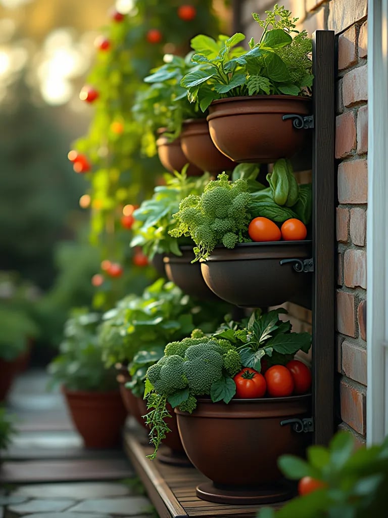 Vertical container garden on patio with ripe vegetables in evening light