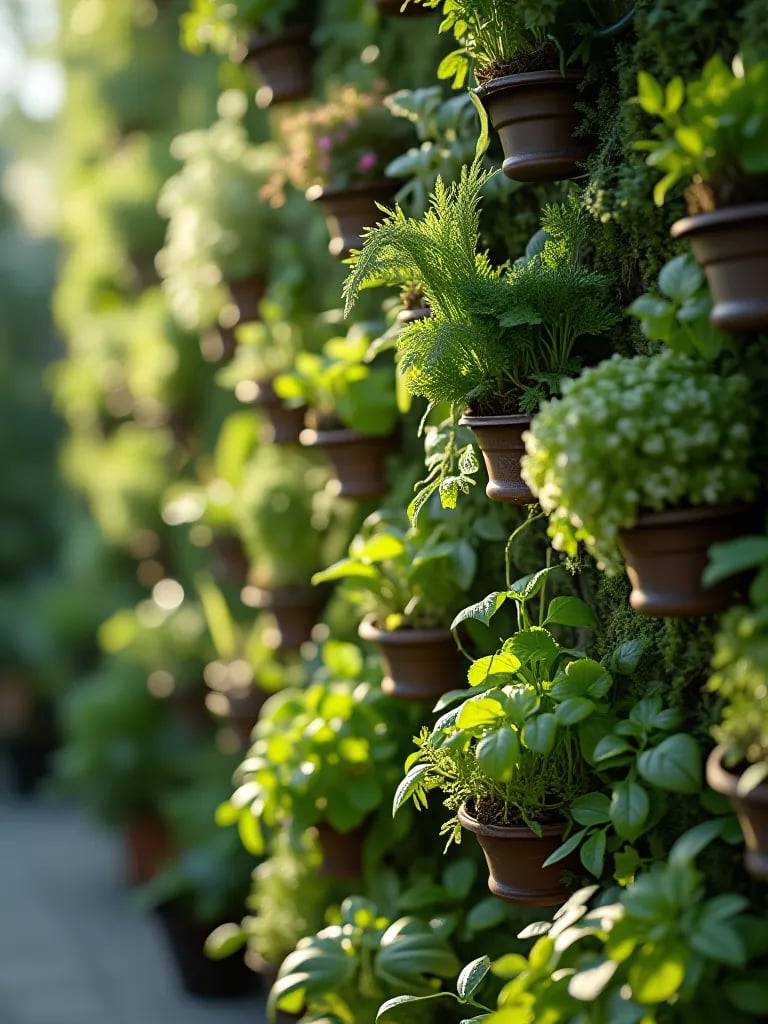 Vertical garden wall with herbs and greens featuring built in watering system