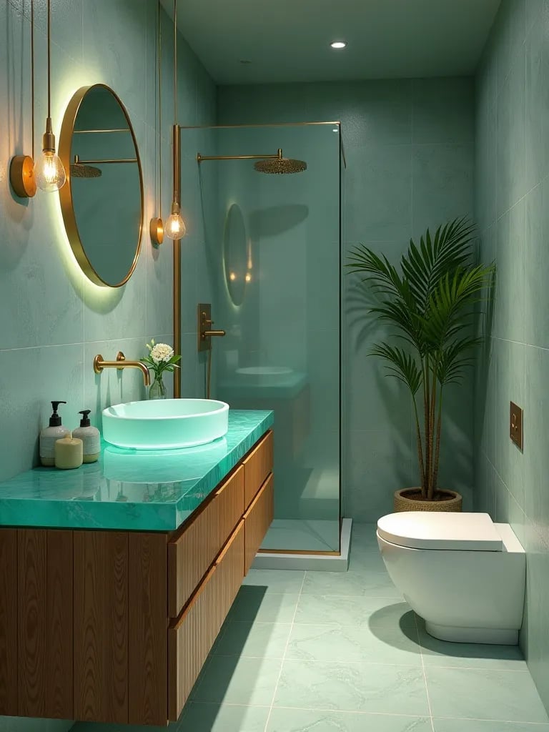 Vibrant bathroom featuring recycled glass vanity and bamboo cabinetry