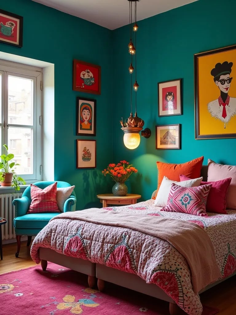 Vibrant bedroom featuring teal walls and quirky lighting