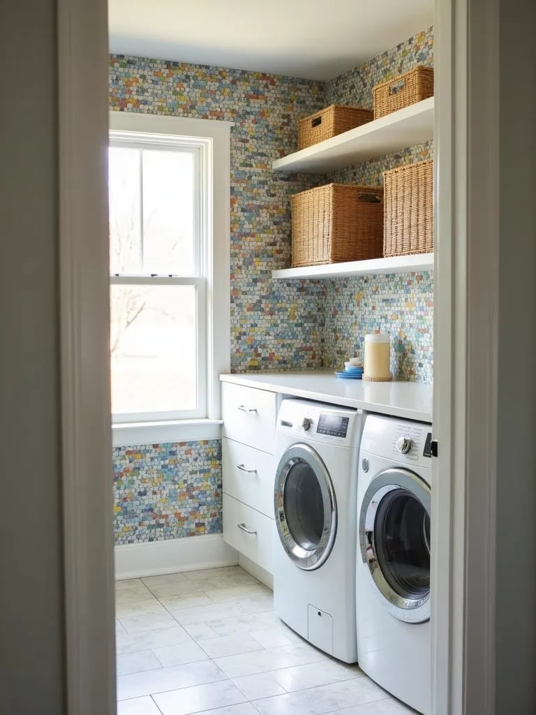 Vibrant laundry room featuring mosaic style wallpaper and woven storage baskets