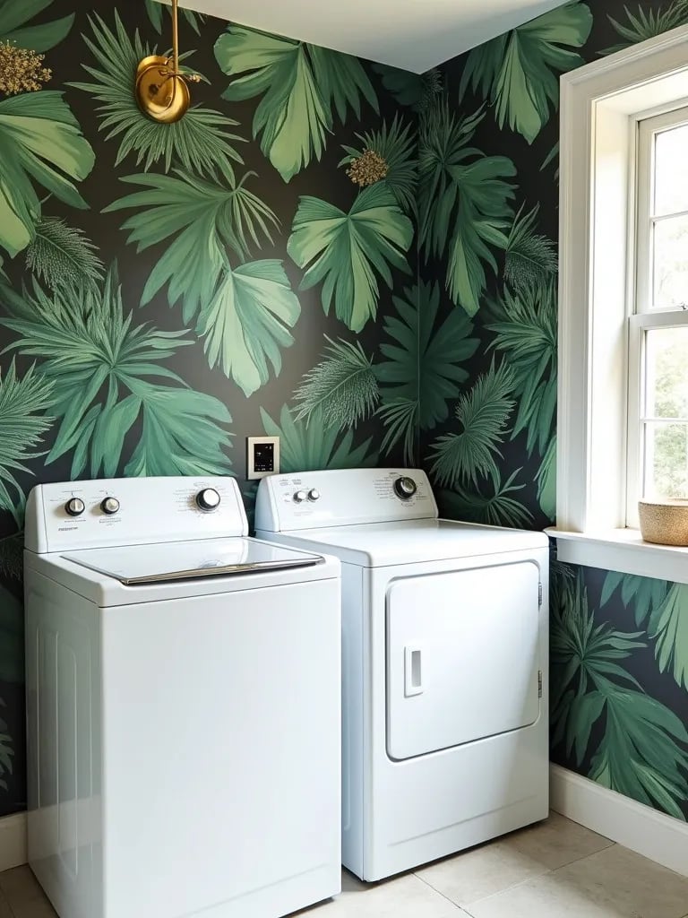 Vibrant laundry space featuring tropical leaf print wallpaper and white appliances