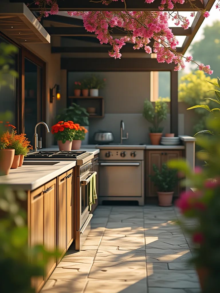 Vibrant spring ready outdoor kitchen with polished wood and glass elements