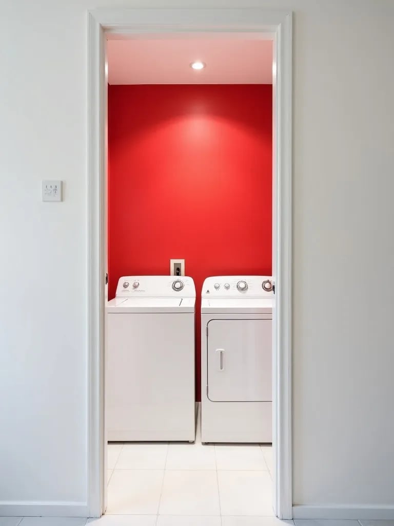 View of laundry room with vibrant red accent wall and white walls