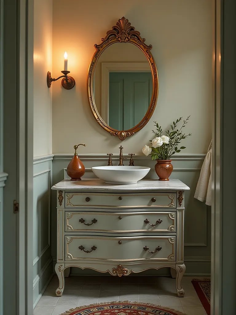 Vintage bathroom with antique dresser vanity and ceramic bowl sink