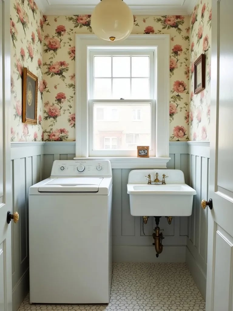 Vintage inspired laundry room with pastel floral wallpaper and antique style fixtures