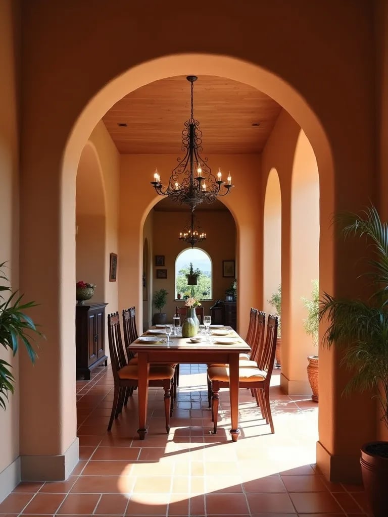 Warm dining room featuring terracotta ceramic tiles and arched doorways