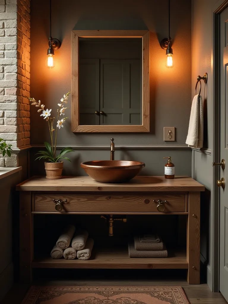 Warm lit bathroom featuring wood vanity with copper sink