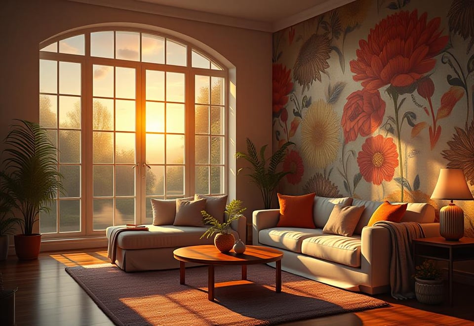 Warm living room showcasing a well maintained floral wallpaper accent wall