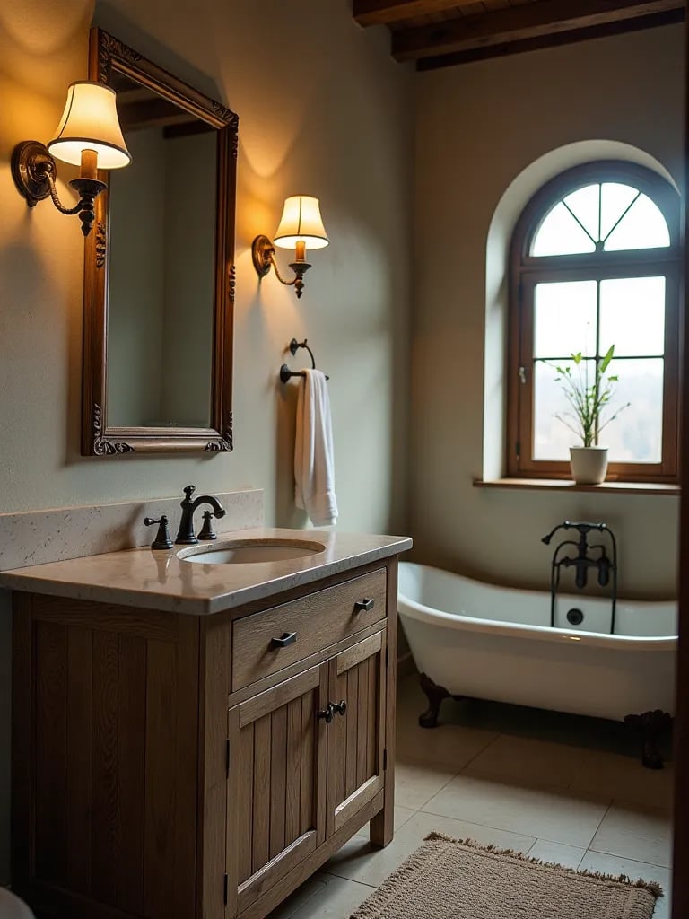 Weathered wood vanity with wrought iron sconces in rustic bathroom