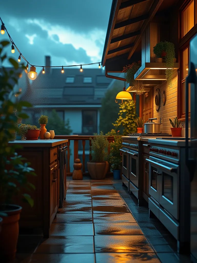 Well protected outdoor kitchen after rainfall with dramatic sky