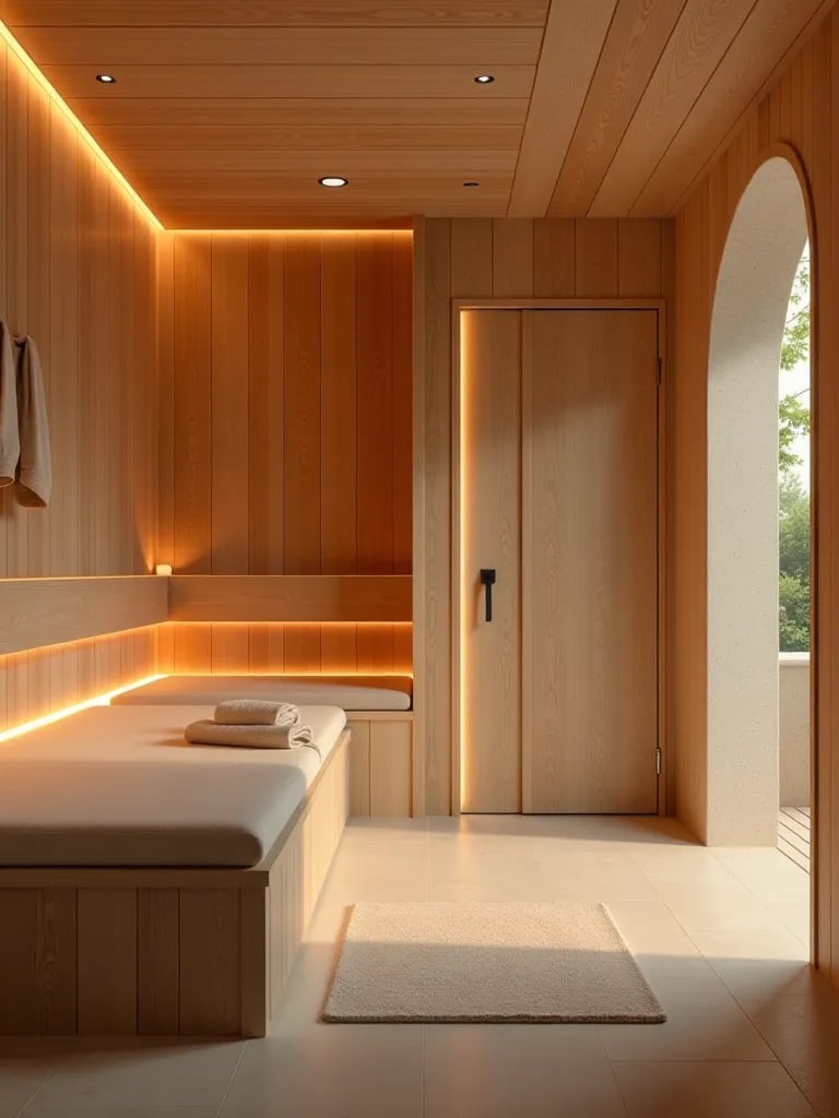 Wellness focused bathroom featuring infrared sauna and stone lounger