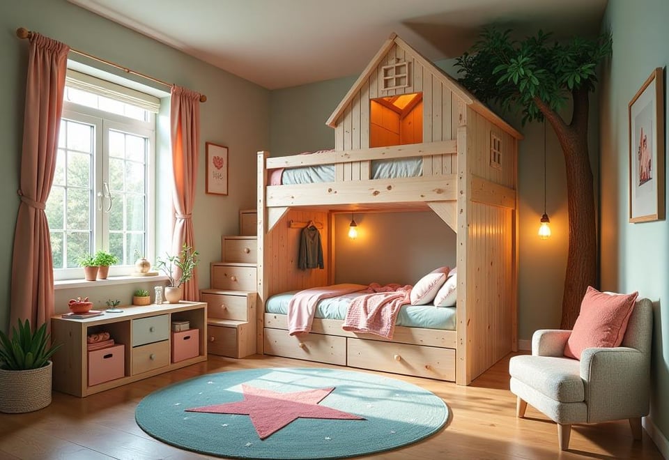 Whimsical children’s bedroom with treehouse loft bed and colorful storage