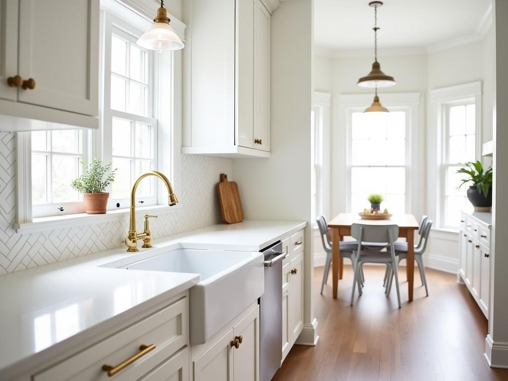 White kitchen with farmhouse sink, brass hardware, and herringbone backsplash
