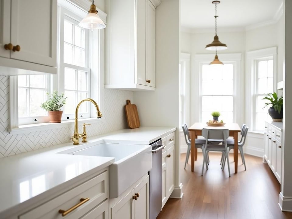 White kitchen with farmhouse sink, brass hardware, and herringbone backsplash