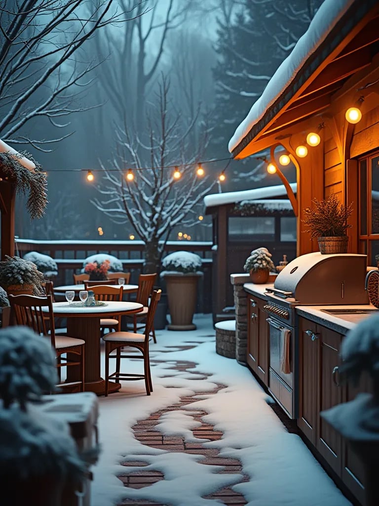 Winterized outdoor kitchen viewed through window with light snow falling