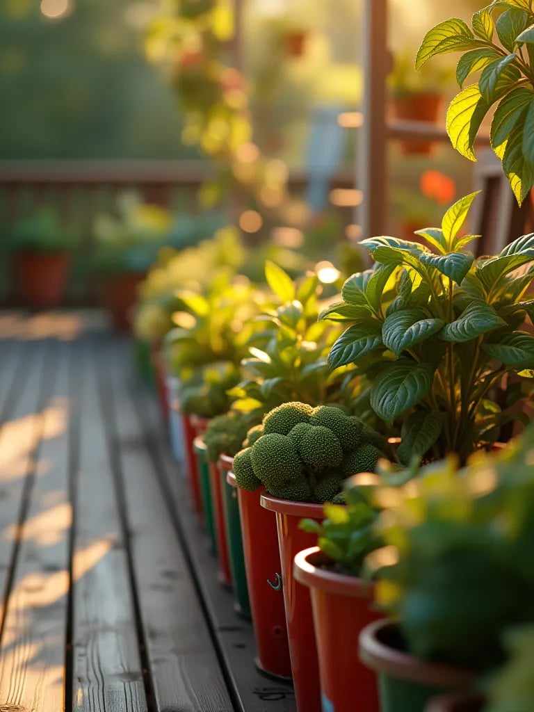 Wooden deck with diverse vegetable containers and drip irrigation system