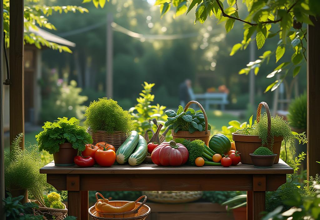 Wooden table with fresh container grown vegetables and harvesting tools