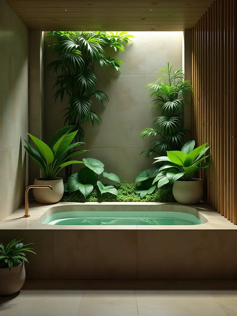 Zen bathroom featuring natural stone tub and lush plant wall
