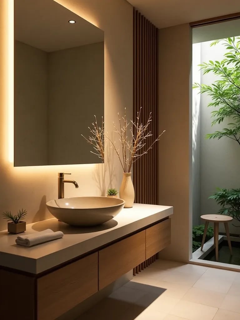 Zen bathroom with floating mirror, bamboo accents, and soft vanity lighting
