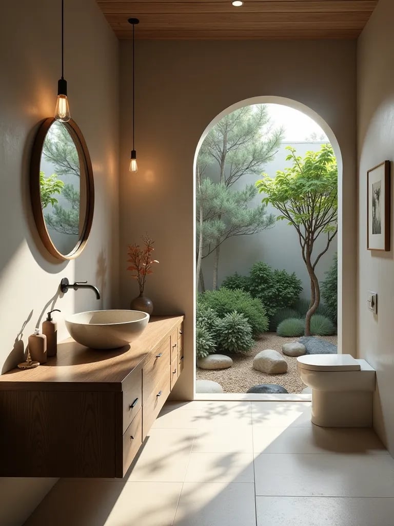 Zen bathroom with slim wooden vanity and stone sink overlooking rock garden