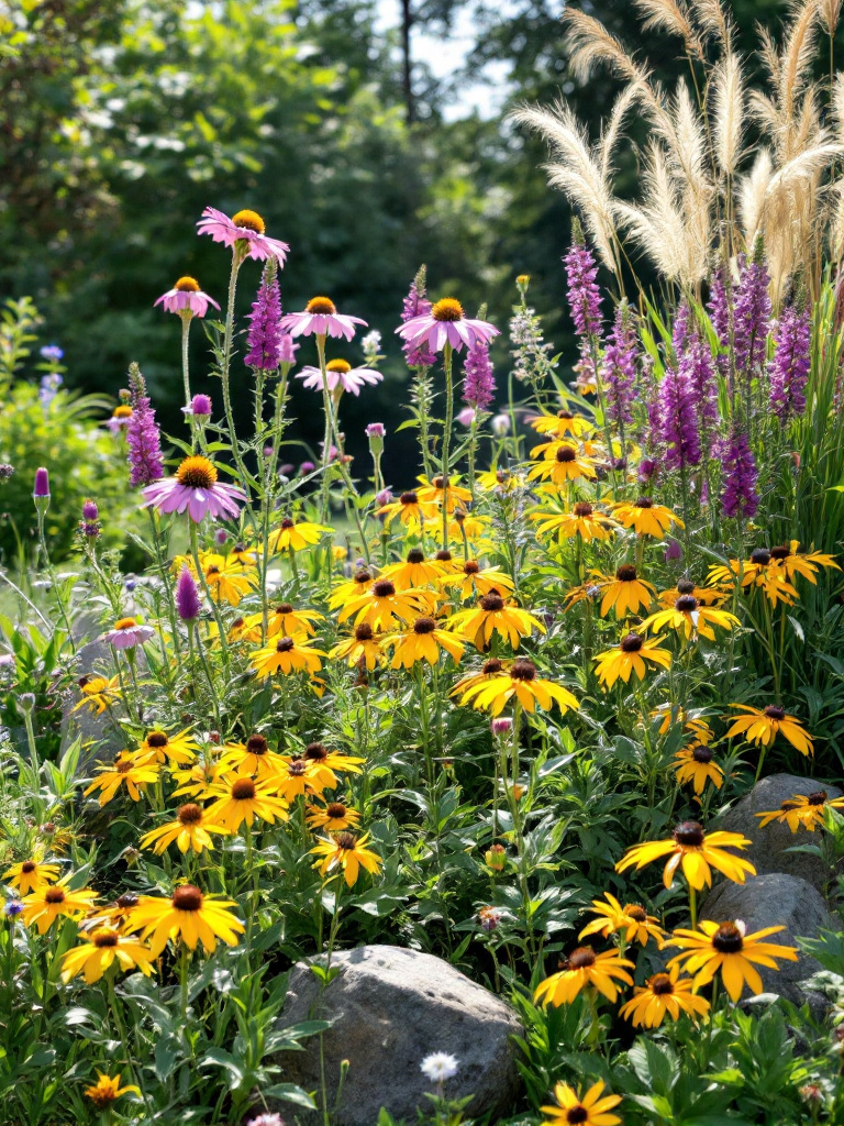 backyard with a mix of native plants, including coneflowers, milkweed, and black-eyed susans, thriving in a local climate.