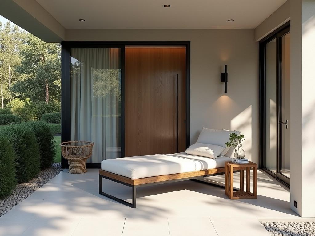 Aerial view of modern porch with sleek metal and teak furniture