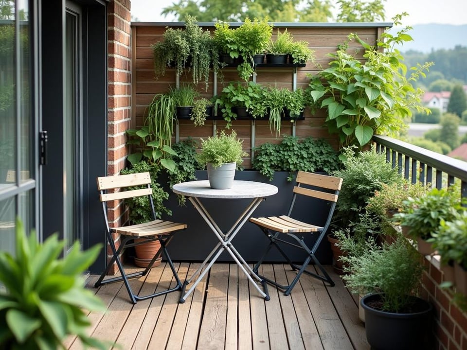 Aerial view of narrow porch with vertical herb garden and folding bistro set
