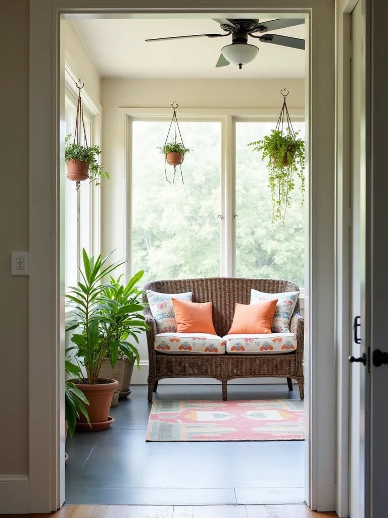 Airy screened porch featuring handmade decor and budget friendly furniture updates