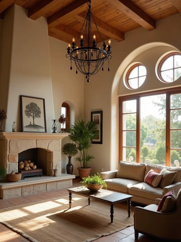 Angled view of living room during wrought iron chandelier installation with golden light