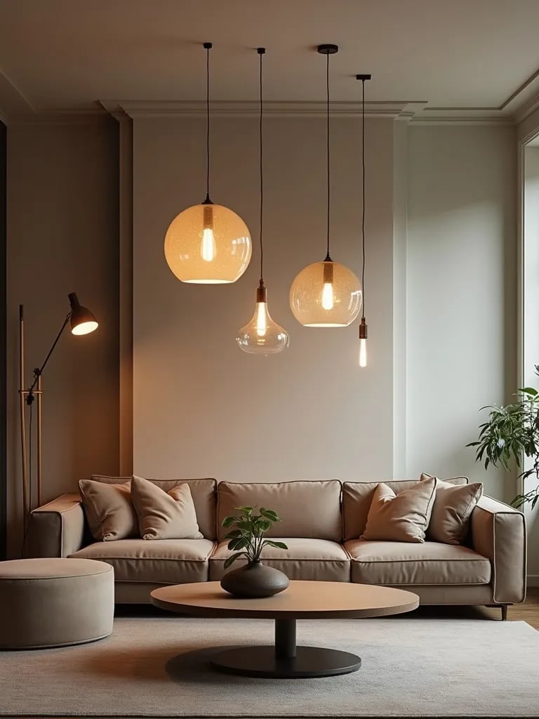 Angled view of living room with multiple pendant lights being hung