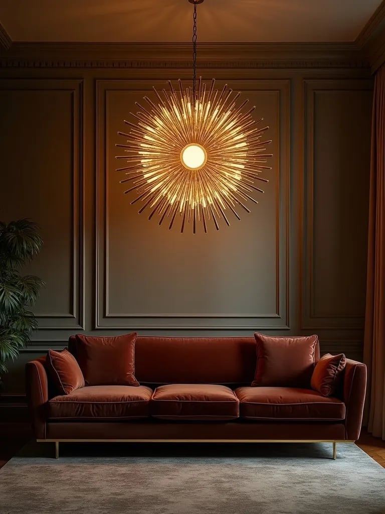 Art Deco living room with grand brass sunburst chandelier