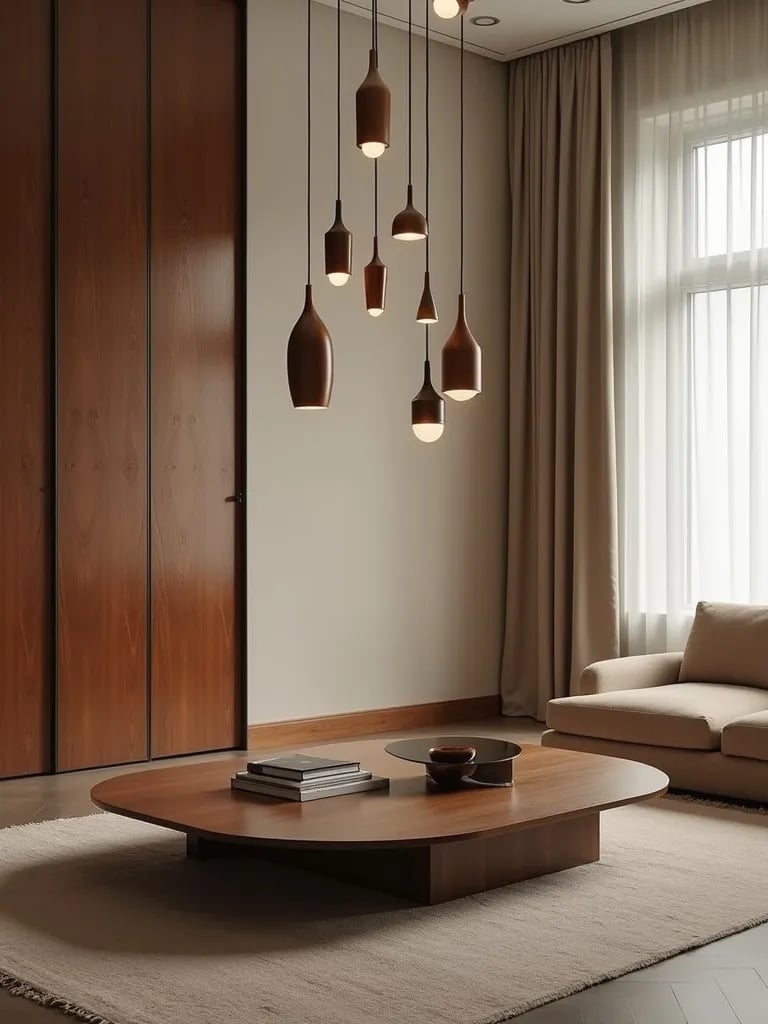 Art deco living room with pendant lights being installed at various heights