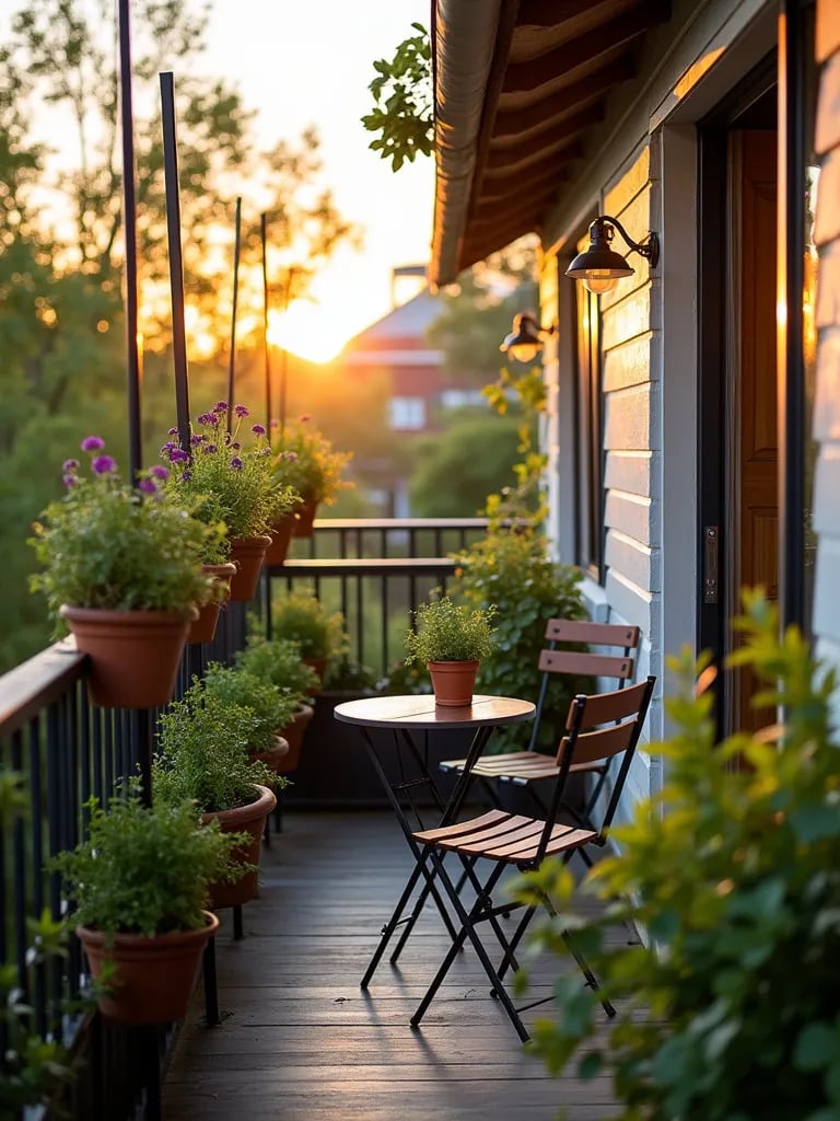 Balcony porch with herbs and compact dining set during golden hour