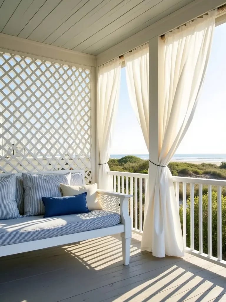 Beach inspired porch featuring privacy lattice, curtains, and comfortable daybed