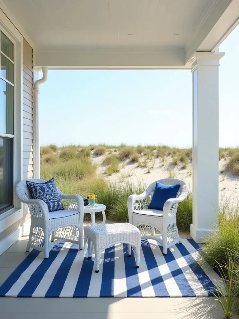 Beach inspired porch with blue and white striped rug and ocean view