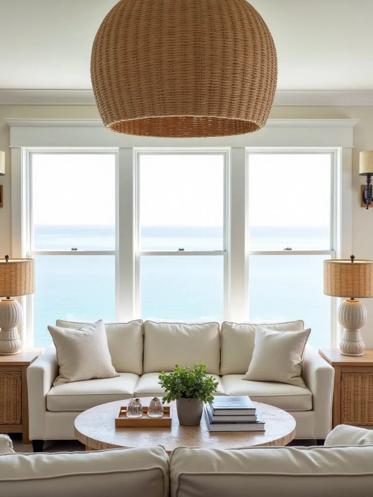 Beach themed living room with diverse natural material light fixtures