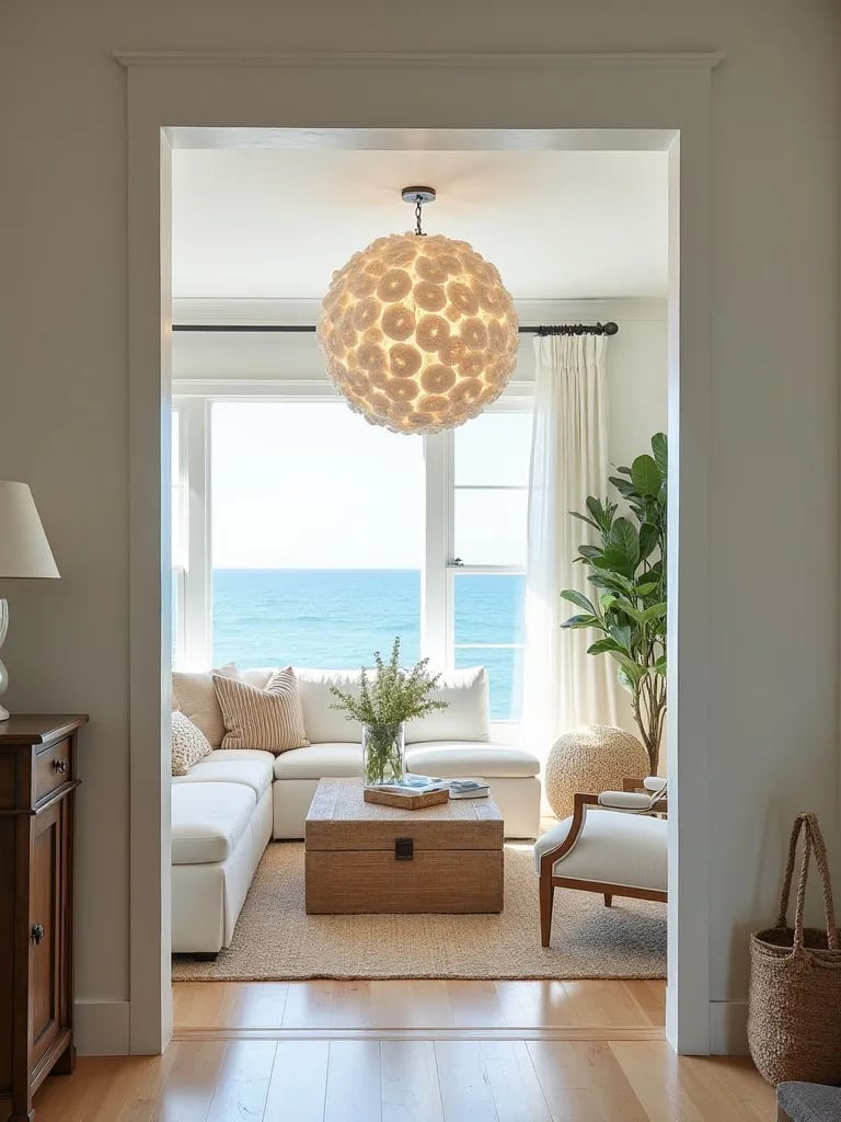 Beachy living space featuring capiz shell chandelier and natural light
