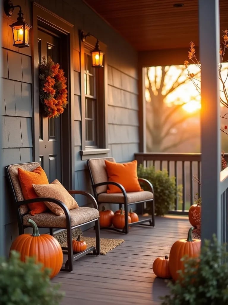 Beautifully decorated front porch with autumn elements and warm lighting