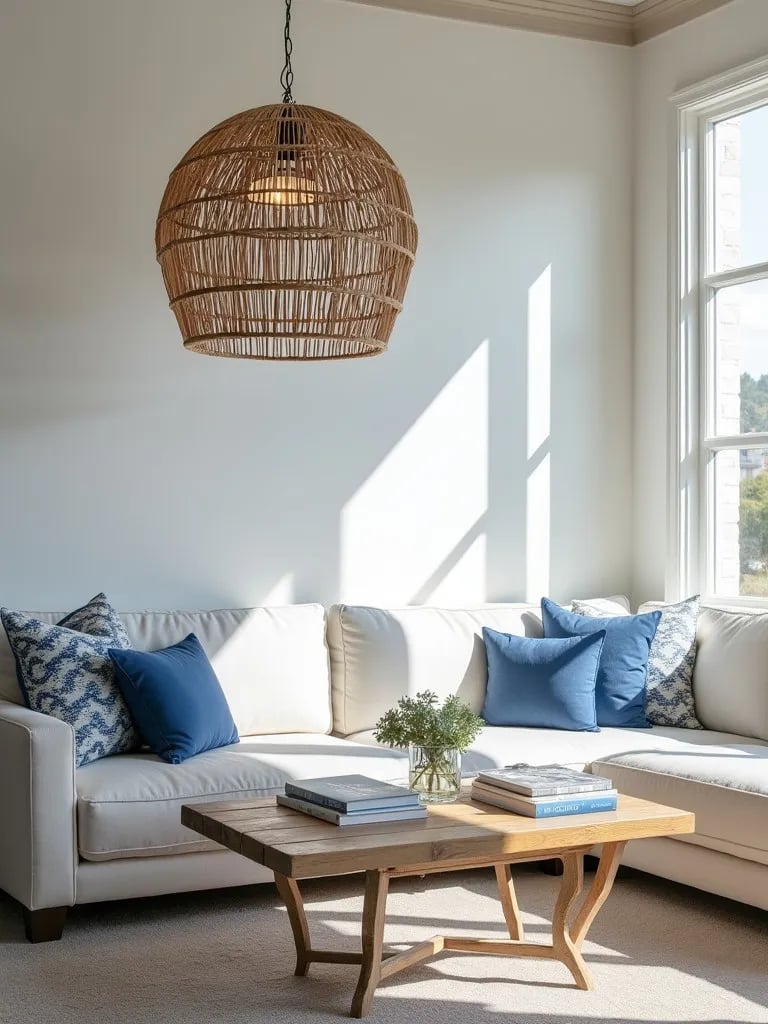 Blue and white coastal decor with rattan pendant casting intricate shadows