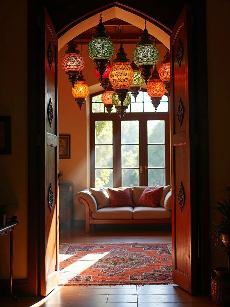 Bohemian living room with colorful Moroccan lanterns creating light patterns