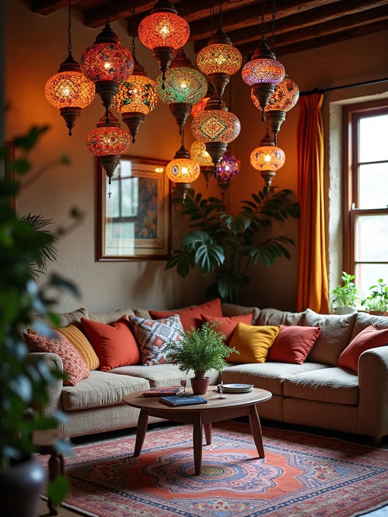 Bohemian living room with colorful hanging Moroccan lanterns