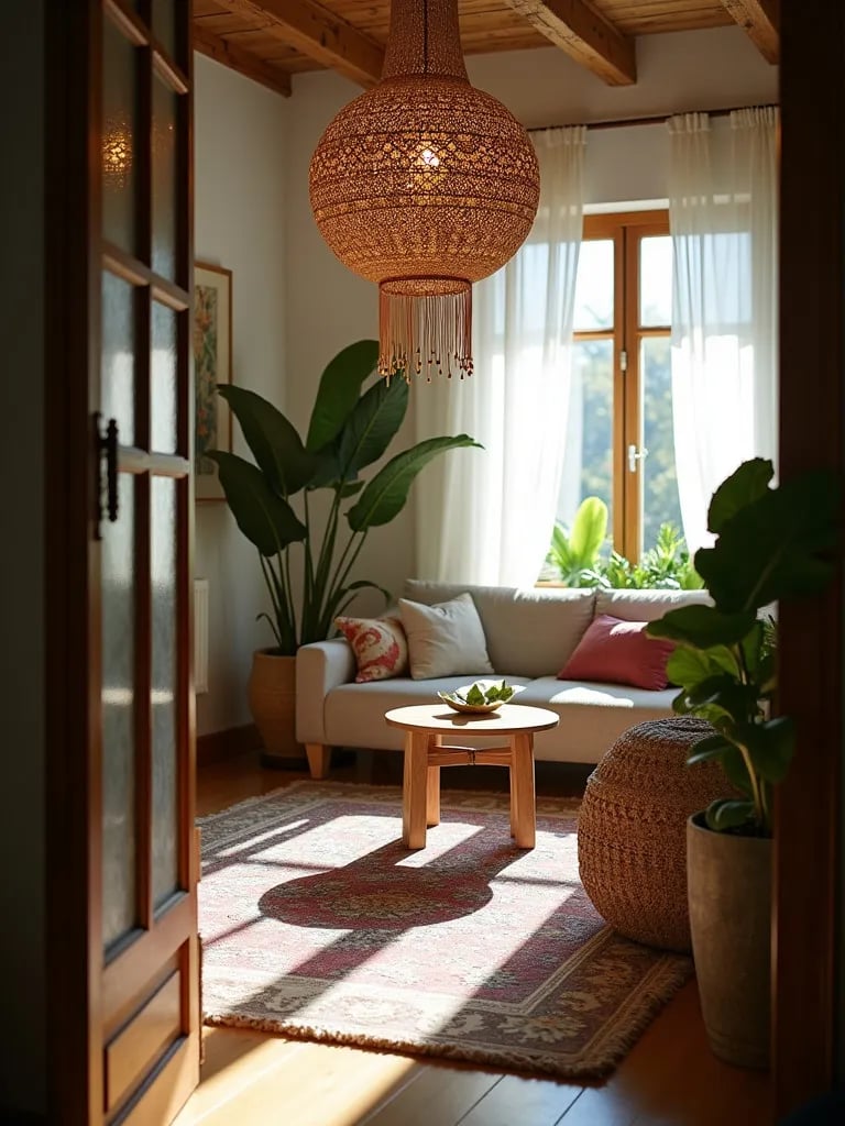 Bohemian living room with large intricate macramé light fixture and plants