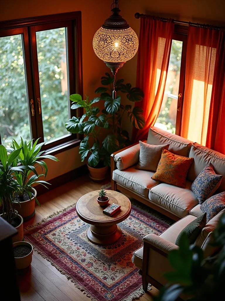 Bohemian living room with large patterned Moroccan lamp casting shadows