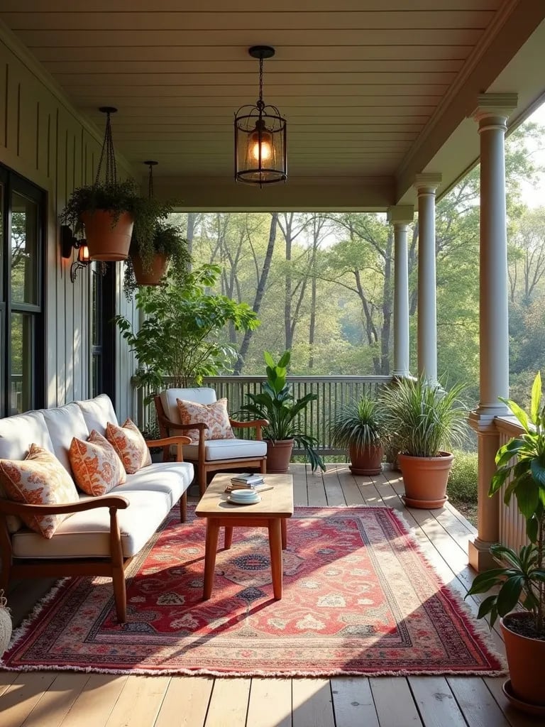 Bohemian porch setup with vintage and modern furniture mix, viewed from inside