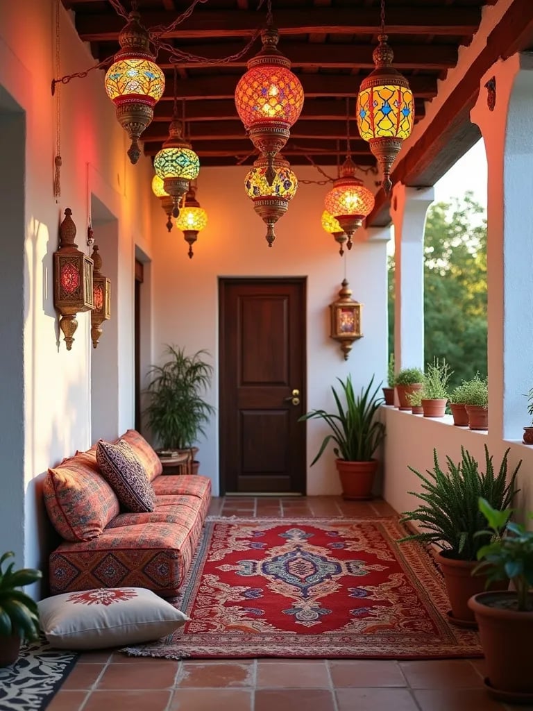 Bohemian porch with colorful Moroccan lanterns and floor cushions