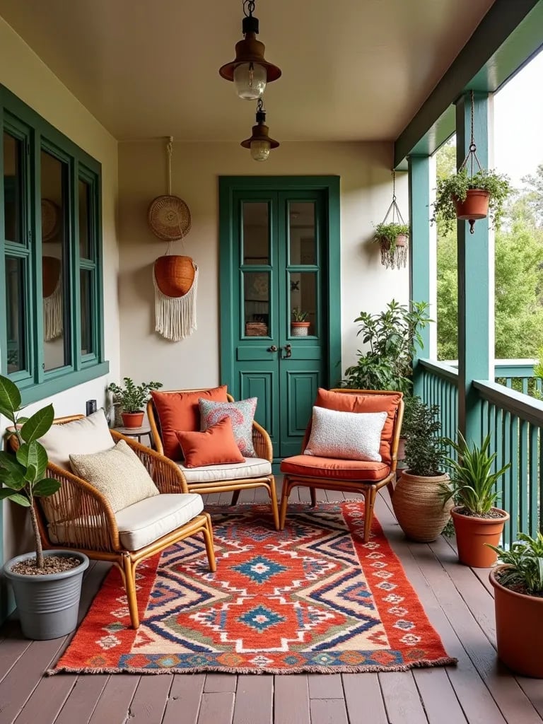 Bohemian porch with layered kilim rug, rattan furniture, and hanging plants