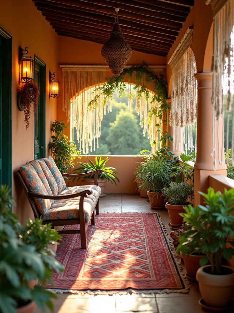 Bohemian porch with macramé screens, colorful textiles, and many potted plants