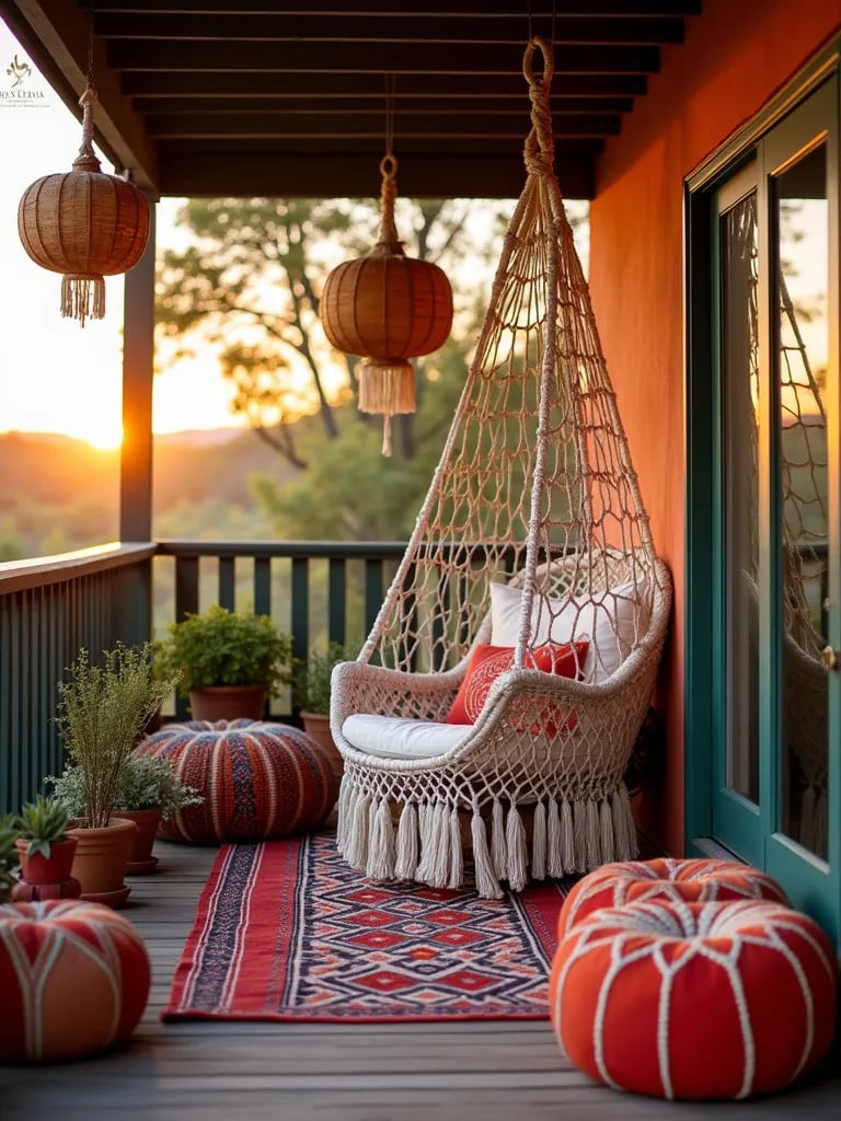 Bohemian small porch with hammock chair and Moroccan poufs at sunset