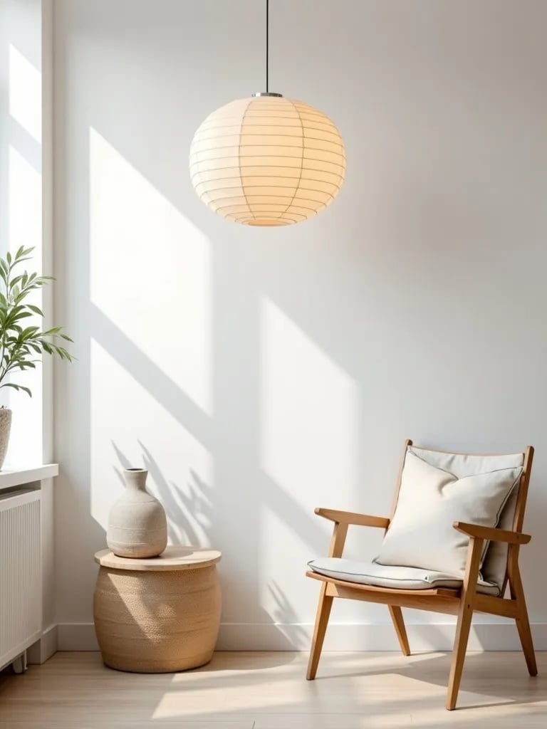 Bright Scandinavian living room with paper lantern pendant light